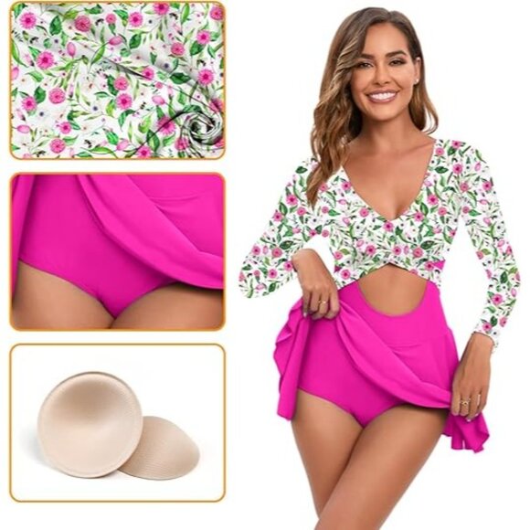 Nesy Womens Medium One-Piece Rash Guard Skirt Swimsuit Floral & Pink UPF 50+ - Picture 2 of 7